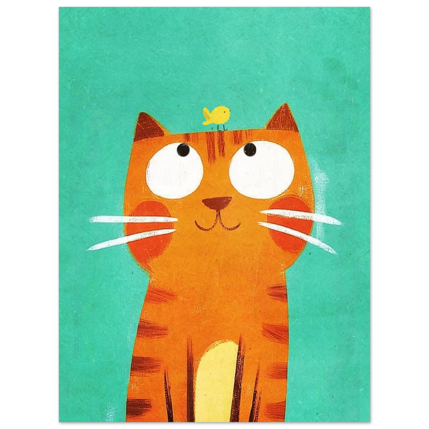 Lekfull djurposter med en katt och fågel i harmonisk vänskap
