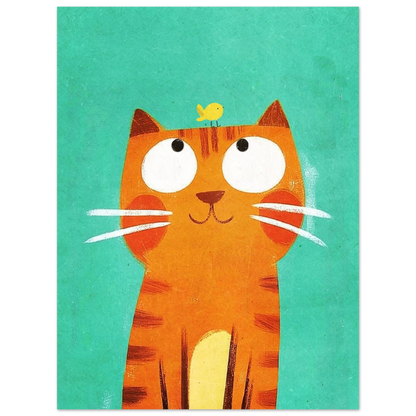 Lekfull djurposter med en katt och fågel i harmonisk vänskap