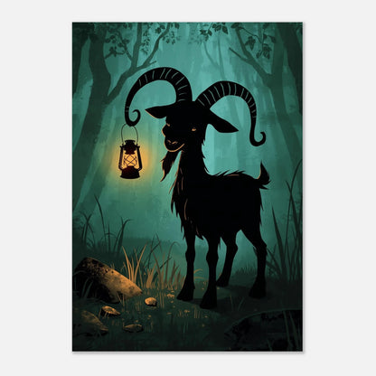 Konstnärligt print av en svart get med en varmt glödande lykta i skymning