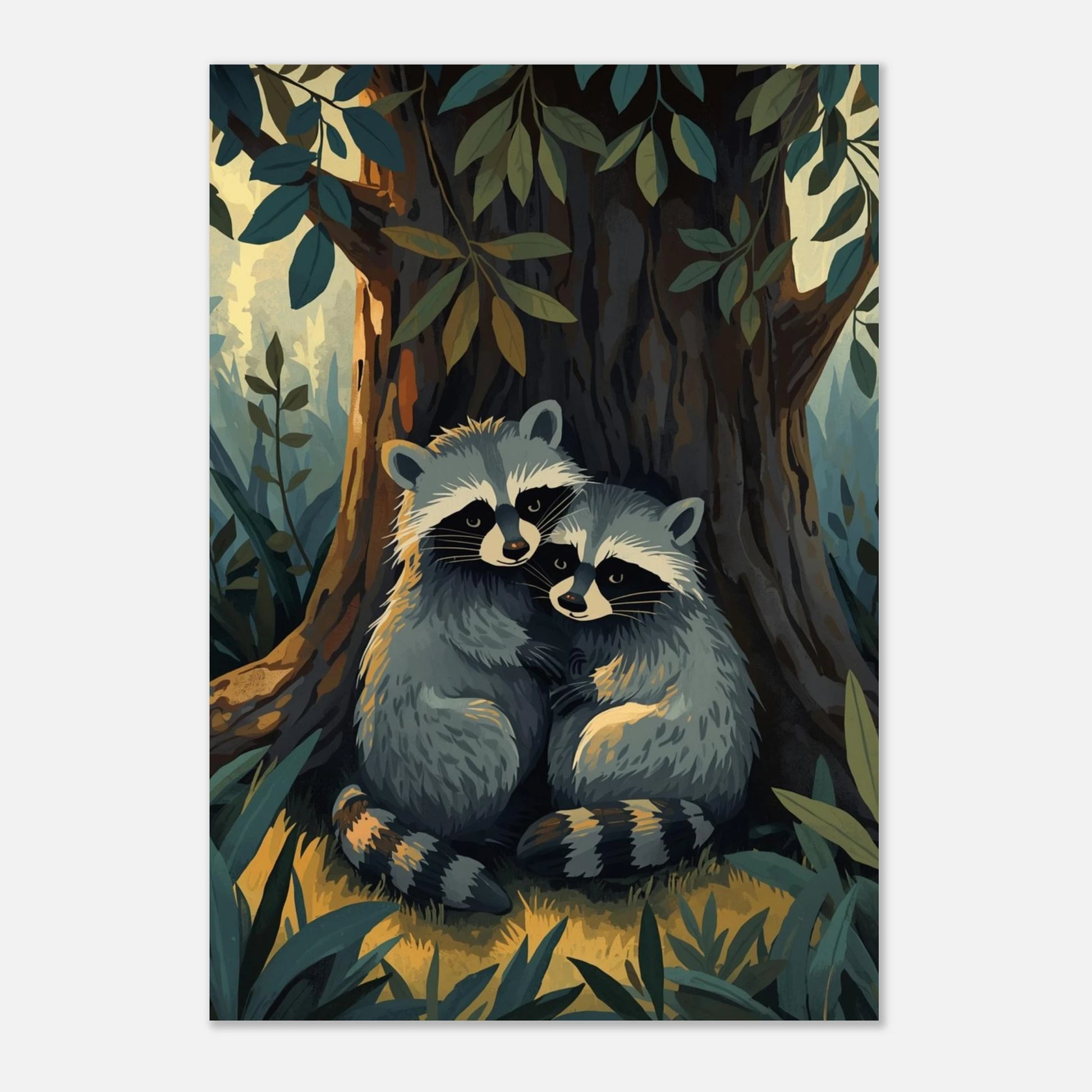 Inramad poster med tvättbjörnsmotiv i mjuk illustrationstextur på vit vägg