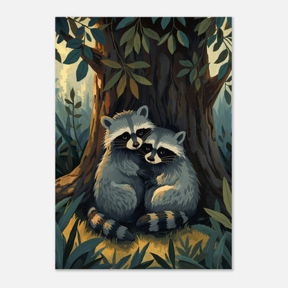 Inramad poster med tvättbjörnsmotiv i mjuk illustrationstextur på vit vägg
