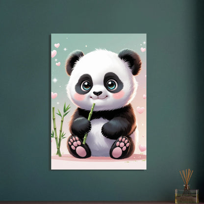 Bedårande baby panda med stora ögon och bambu, omgiven av hjärtan.