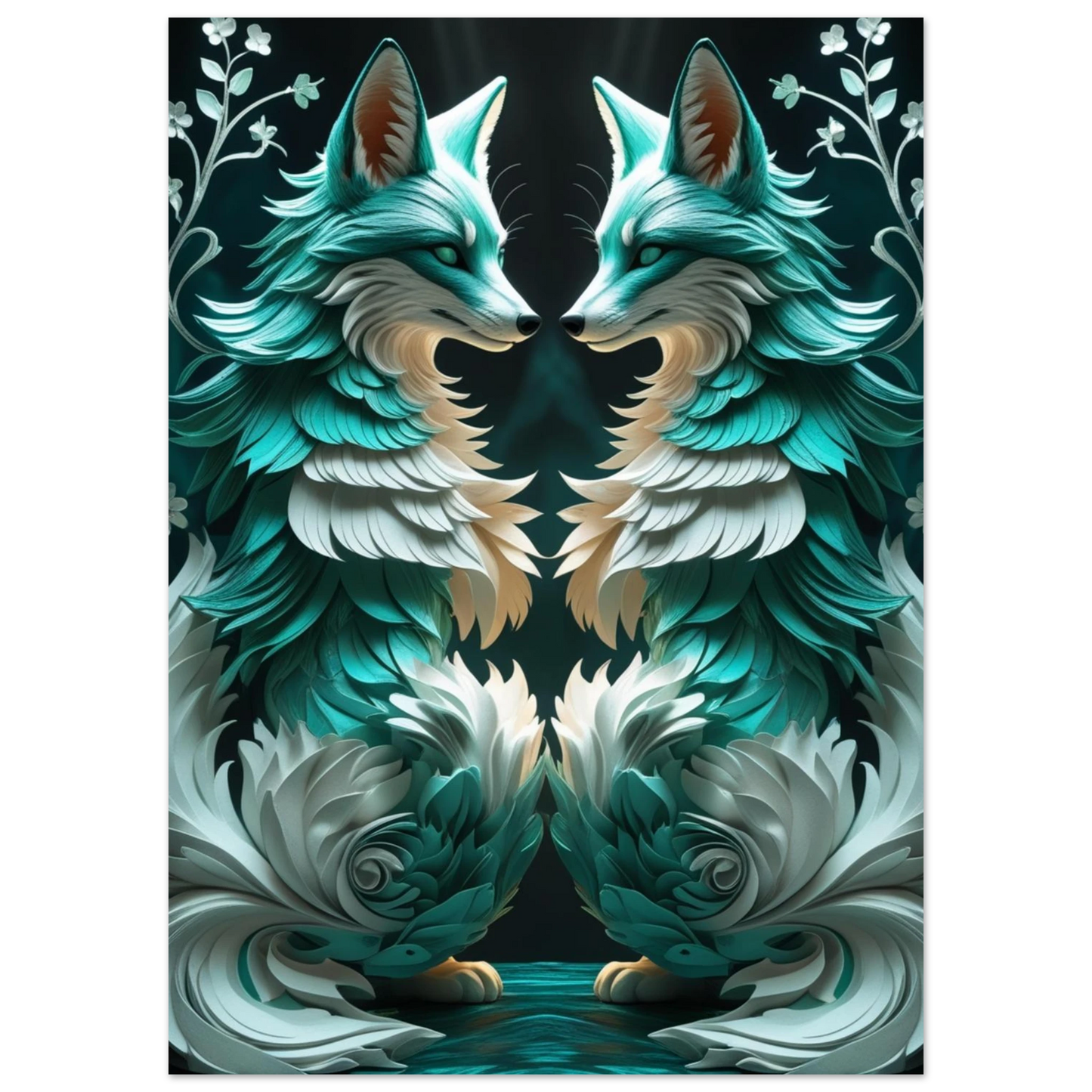 Digital illustration av två spegelvända rävar i turkos och vit färgskala