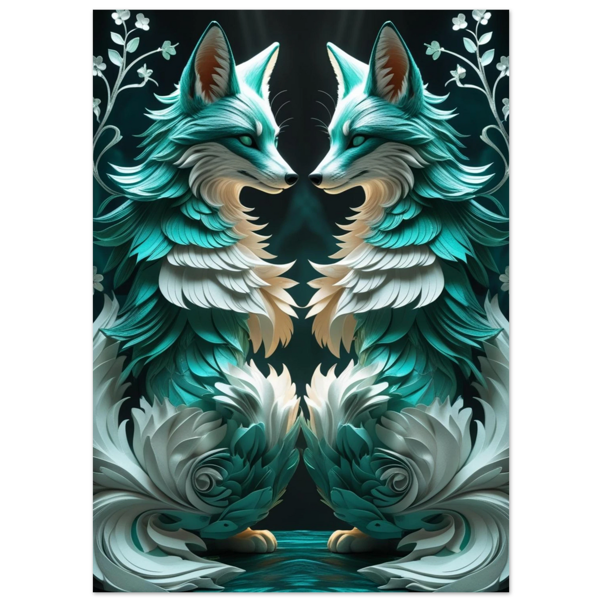 Digital illustration av två spegelvända rävar i turkos och vit färgskala