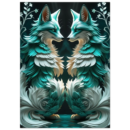 Digital illustration av två spegelvända rävar i turkos och vit färgskala
