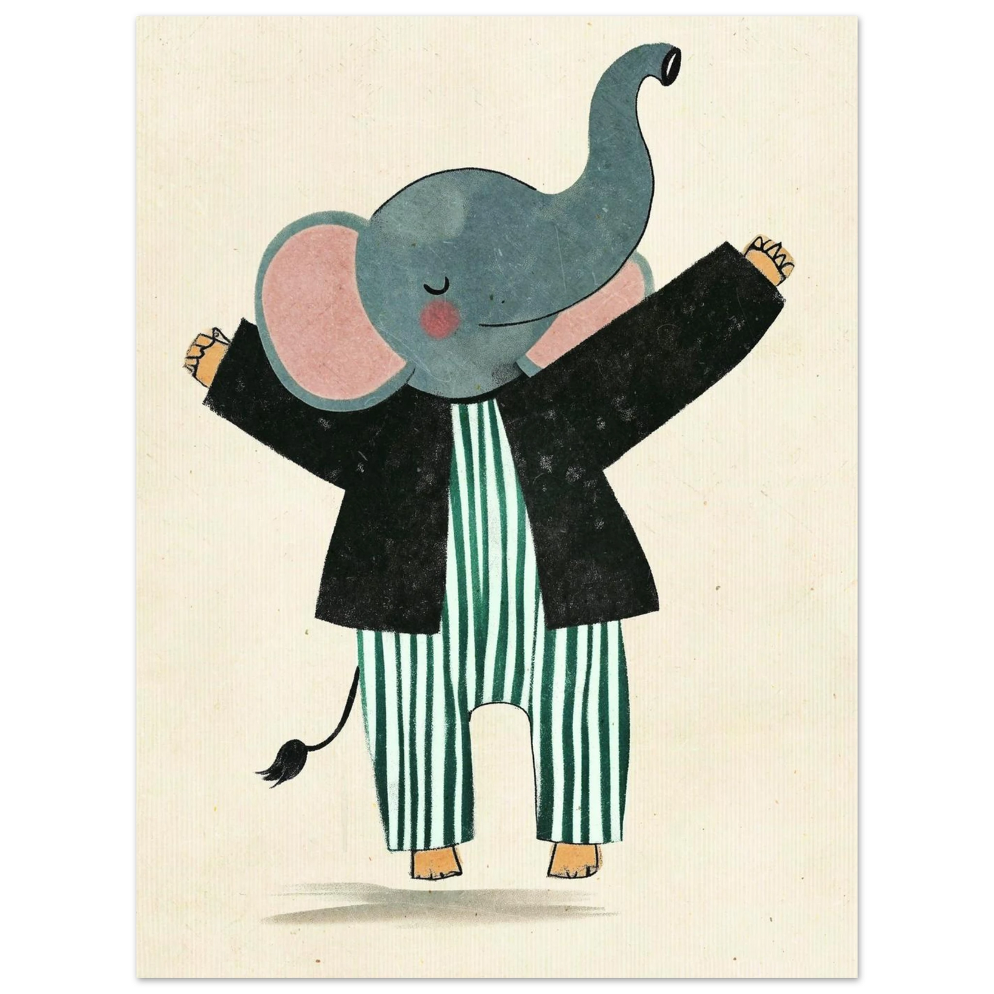 Charmig djurillustration av en elefant med uppsträckt snabel i pyjamas