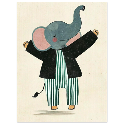 Charmig djurillustration av en elefant med uppsträckt snabel i pyjamas