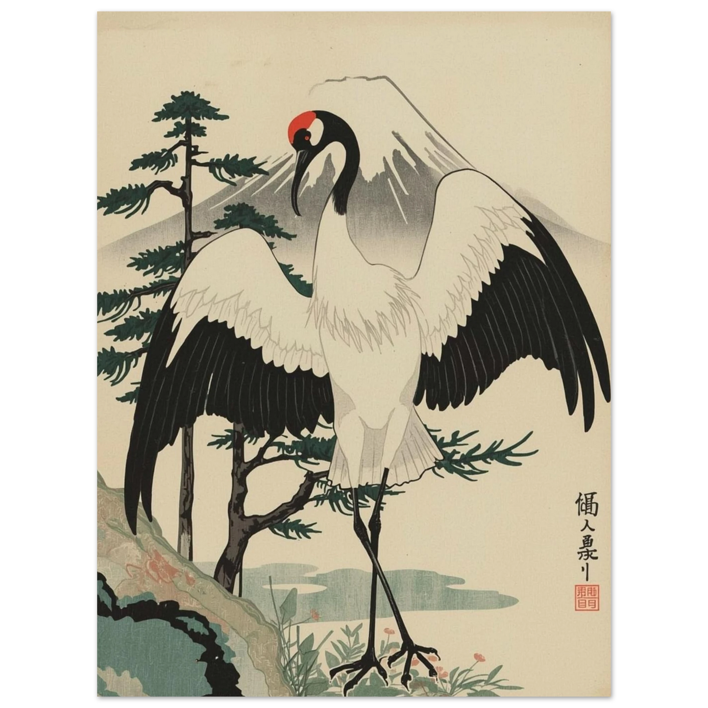 Ukiyo-e illustration av en majestätisk trana i naturmiljö – grafisk poster