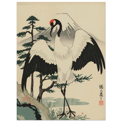 Ukiyo-e illustration av en majestätisk trana i naturmiljö – grafisk poster