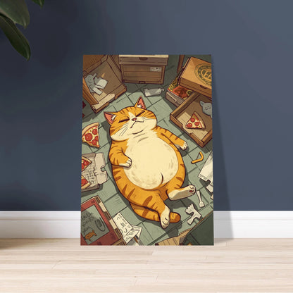 Mätt katt vilar bland pizzakartonger, humoristisk illustration av avkoppling