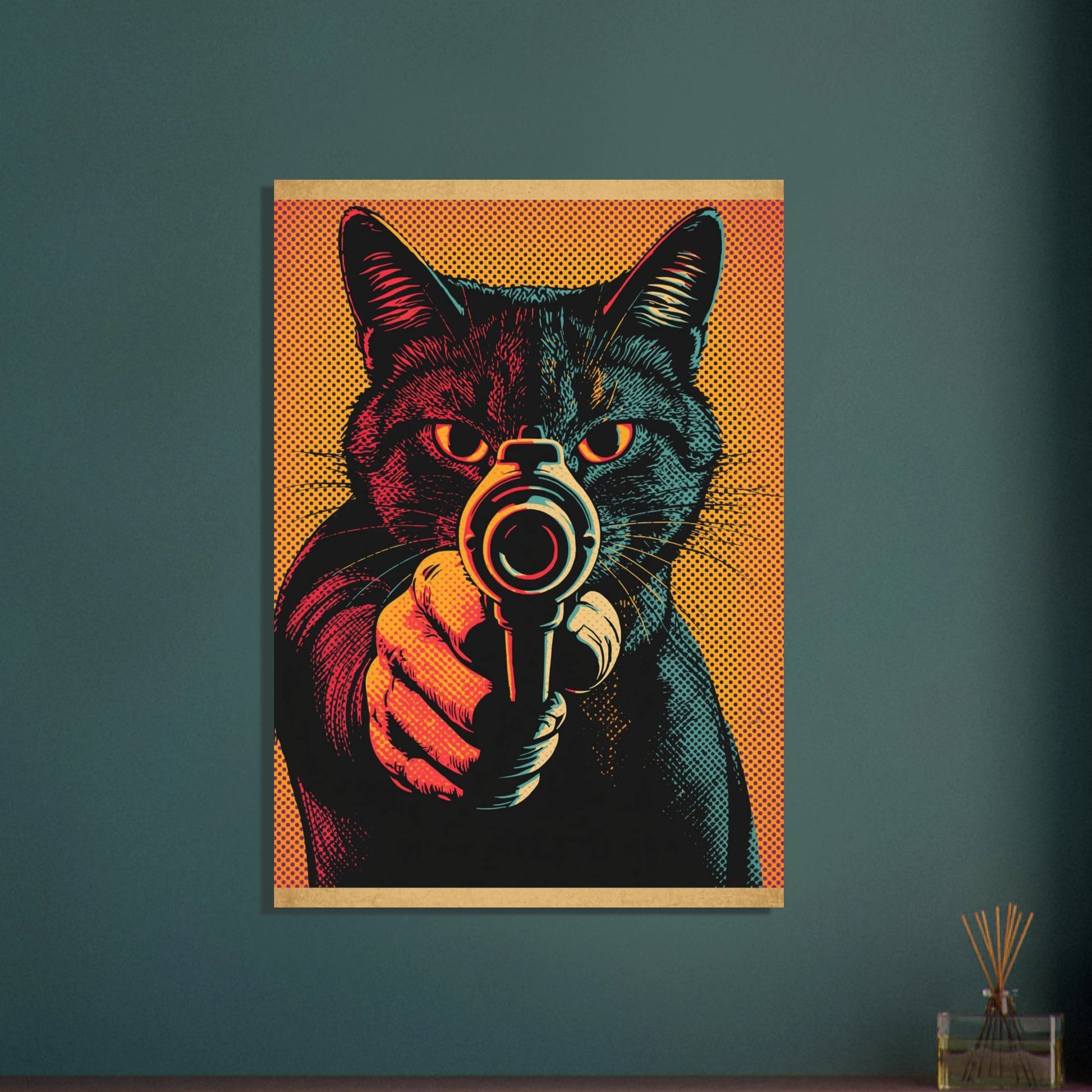 Stiliserad katt med revolver i popkonststil, intensiva färger