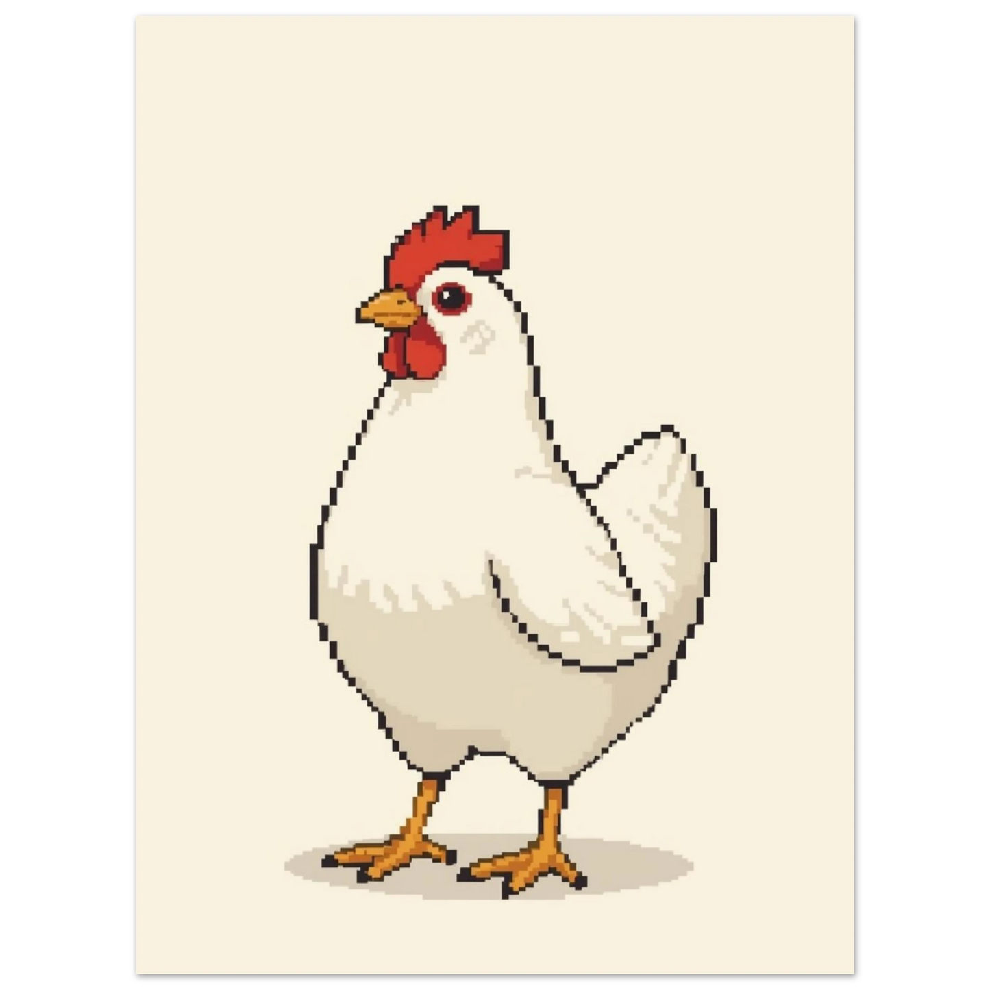 Nostalgisk pixelkonst föreställande en vit höna med gula ben