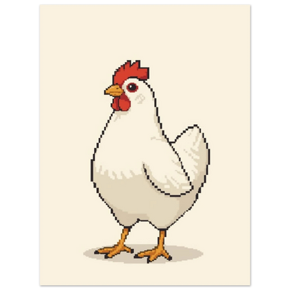 Nostalgisk pixelkonst föreställande en vit höna med gula ben