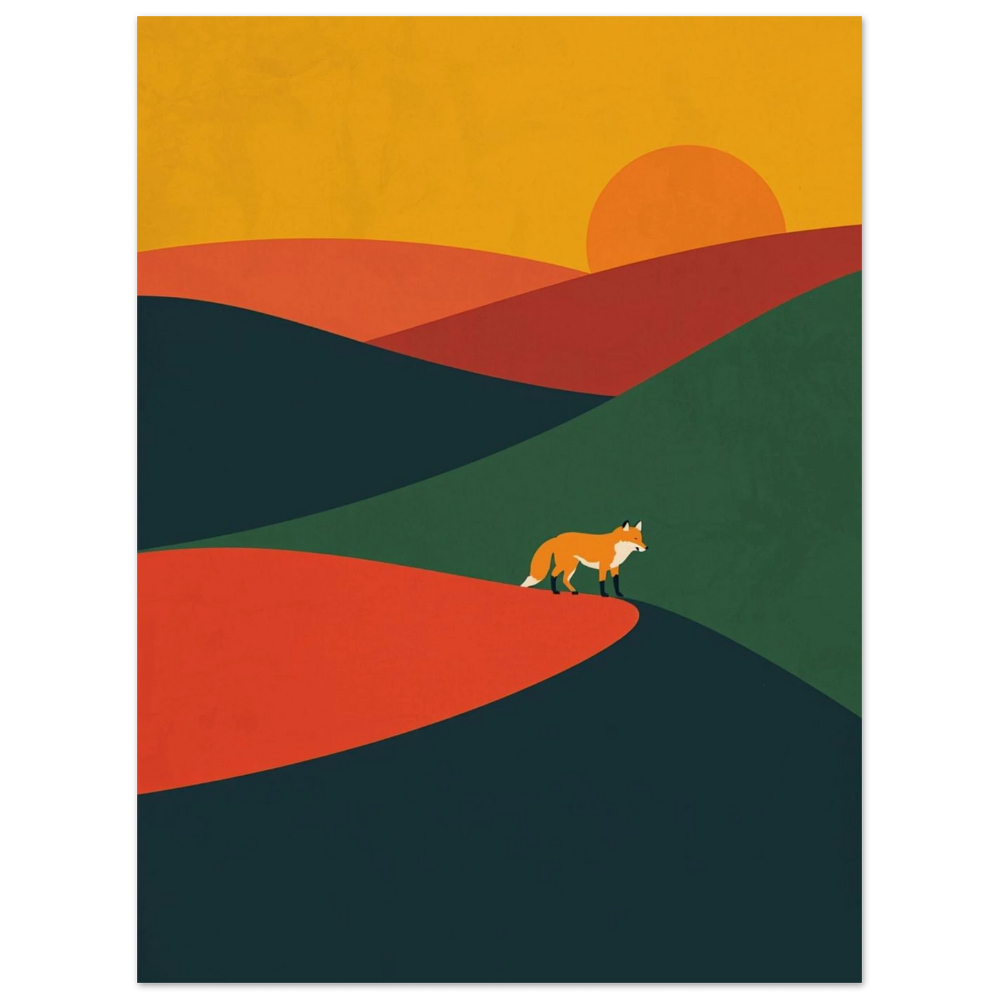 Modern konstposter med en räv i ett stiliserat naturlandskap under skymning