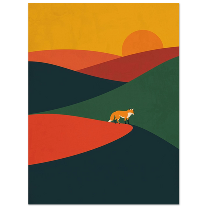 Modern konstposter med en räv i ett stiliserat naturlandskap under skymning