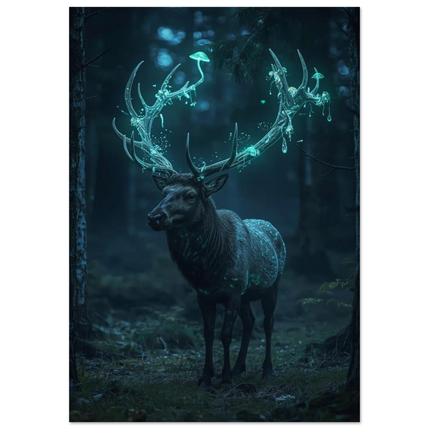 Målad poster av en hjort med självlysande horn i en mörk skog
