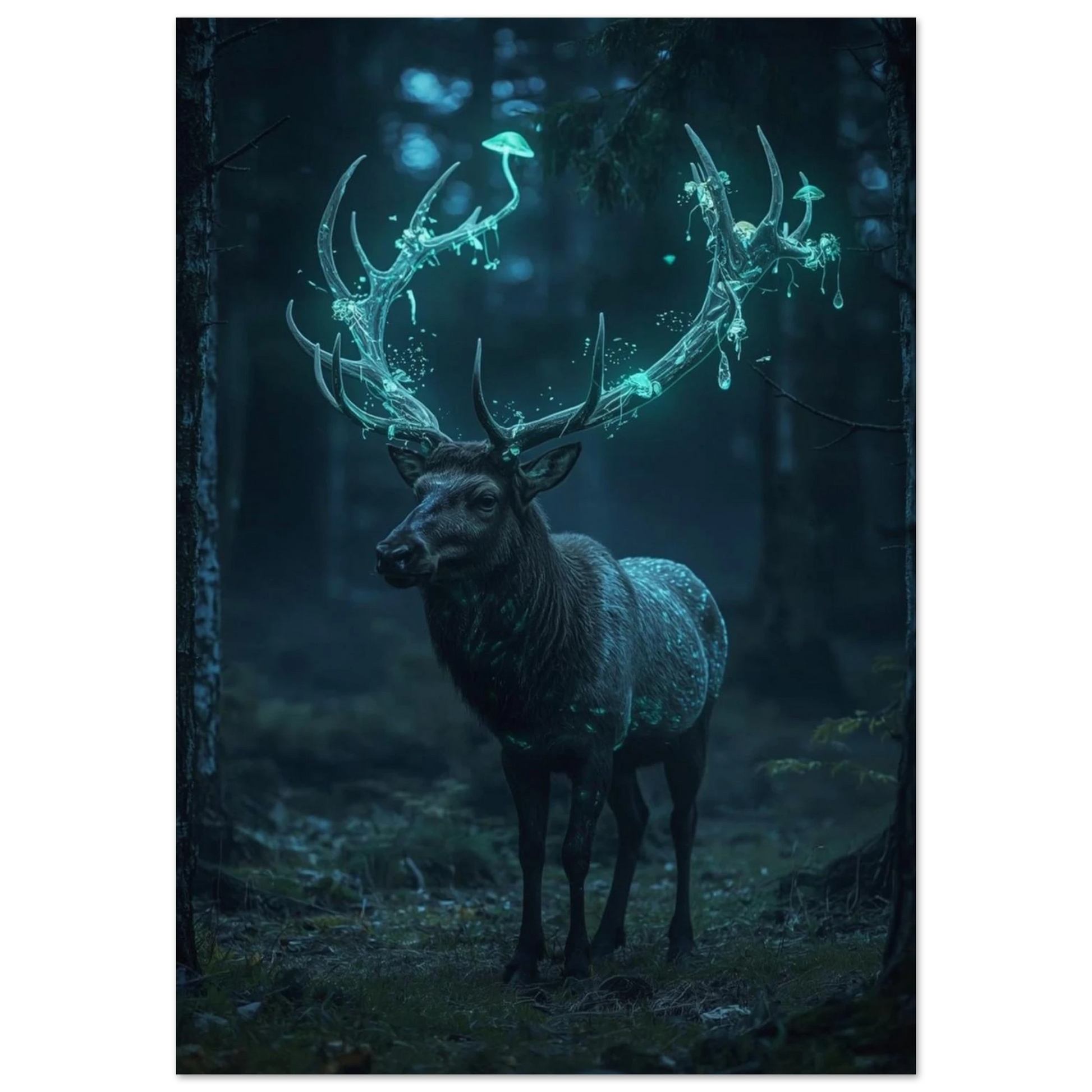 Målad poster av en hjort med självlysande horn i en mörk skog
