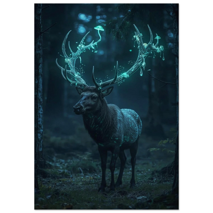 Målad poster av en hjort med självlysande horn i en mörk skog
