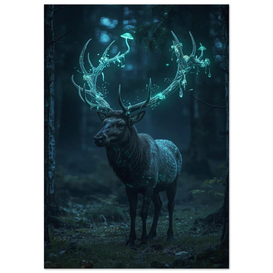 Målad poster av en hjort med självlysande horn i en mörk skog