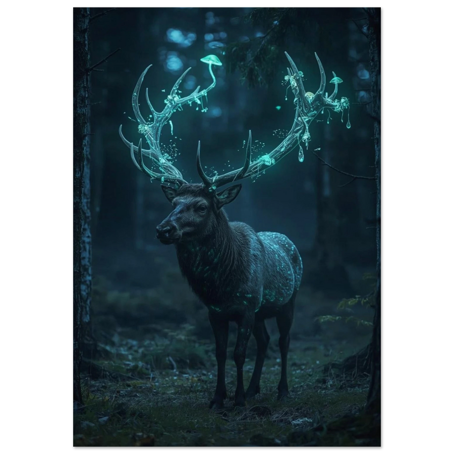 Konstnärlig poster med hjort och lysande turkosa svampar på hornen