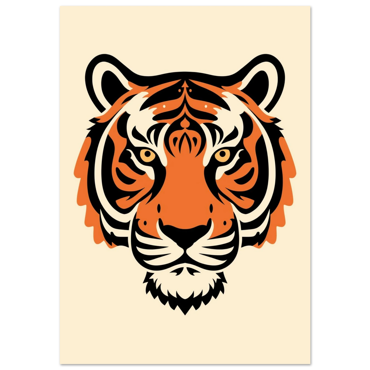 Stiliserat tigerhuvud i orange och svart på krämvit bakgrund – grafisk poster
