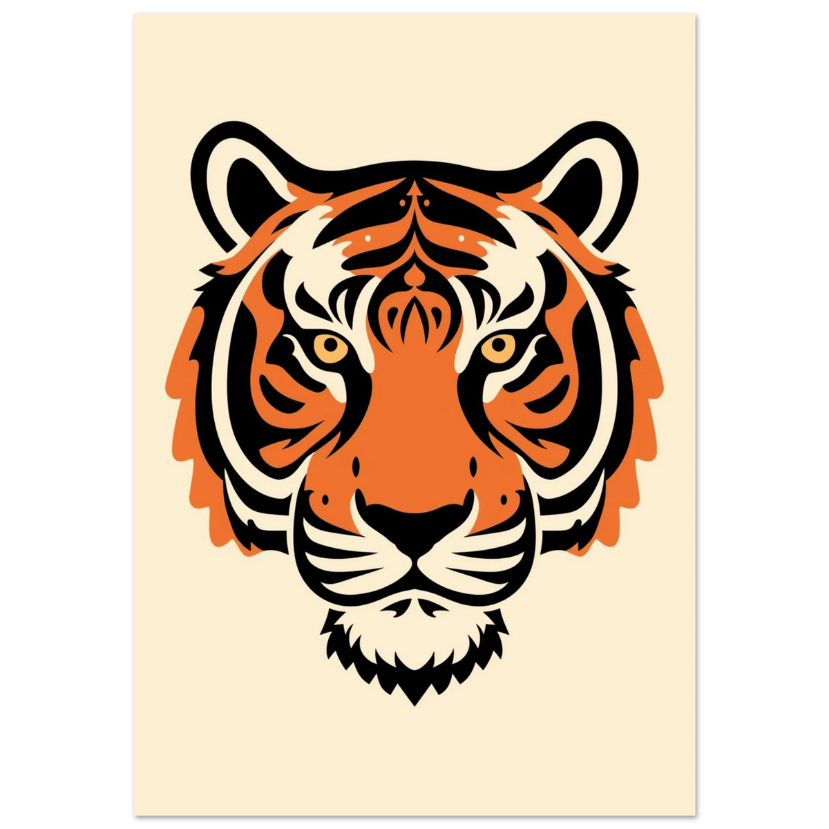 Stiliserat tigerhuvud i orange och svart på krämvit bakgrund – grafisk poster