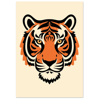 Stiliserat tigerhuvud i orange och svart på krämvit bakgrund – grafisk poster