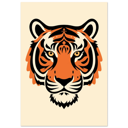 Stiliserat tigerhuvud i orange och svart på krämvit bakgrund – grafisk poster