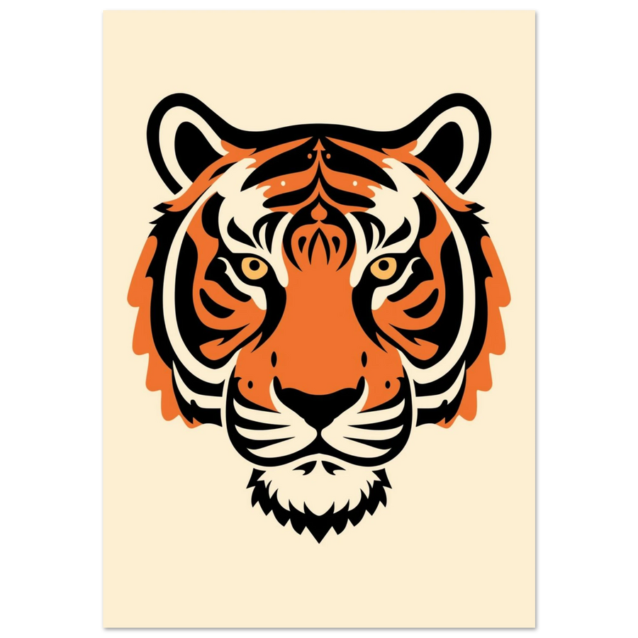 Stiliserat tigerhuvud i orange och svart på krämvit bakgrund – grafisk poster