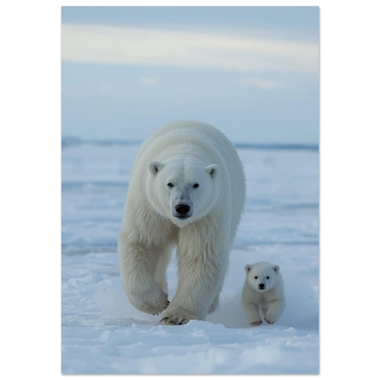 Fotorealistisk bild av en isbjörn med en unge springandes i snön – Fotorealistisk Poster
