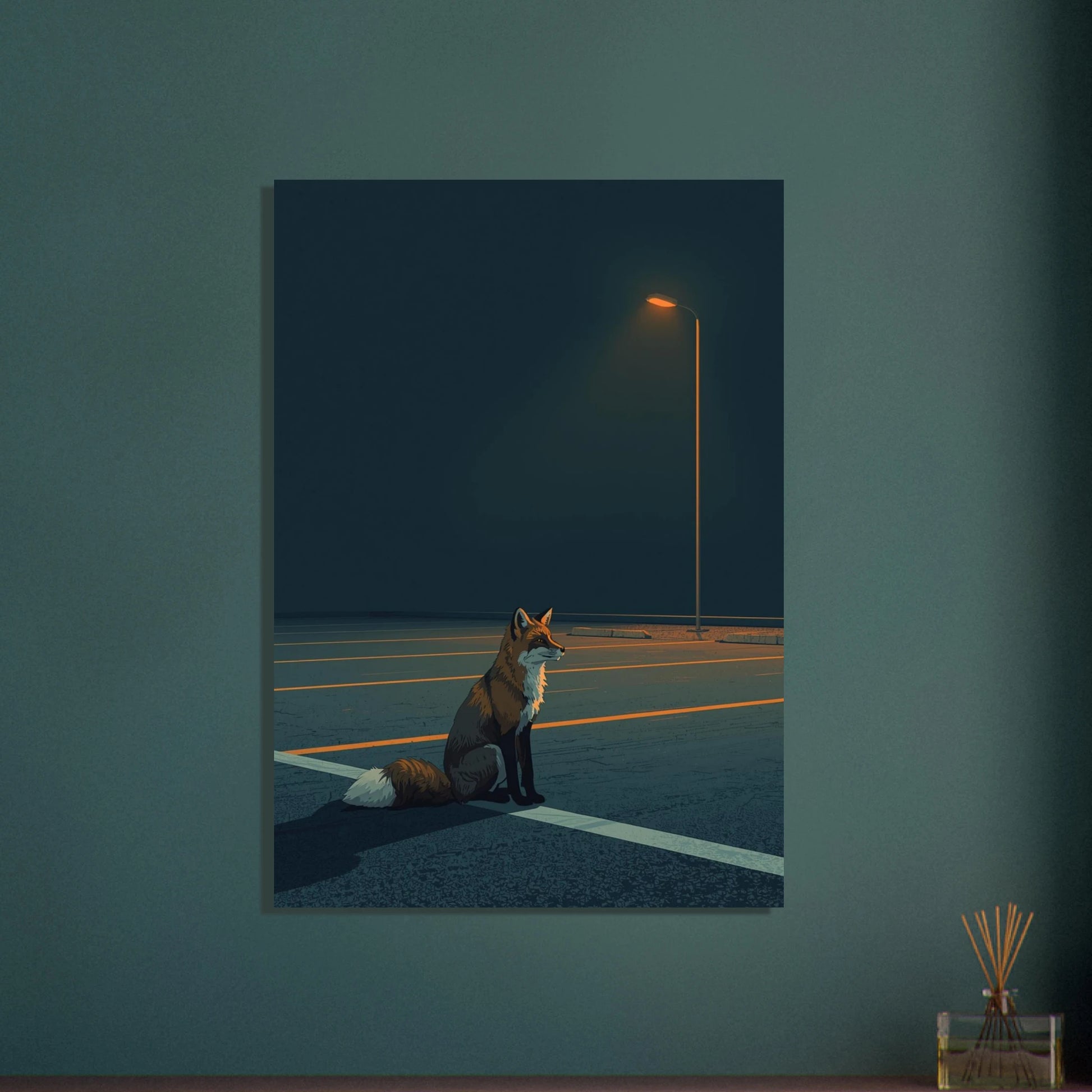 Räv under gatlampa i mörkret, ensam och eftertänksam stämning.