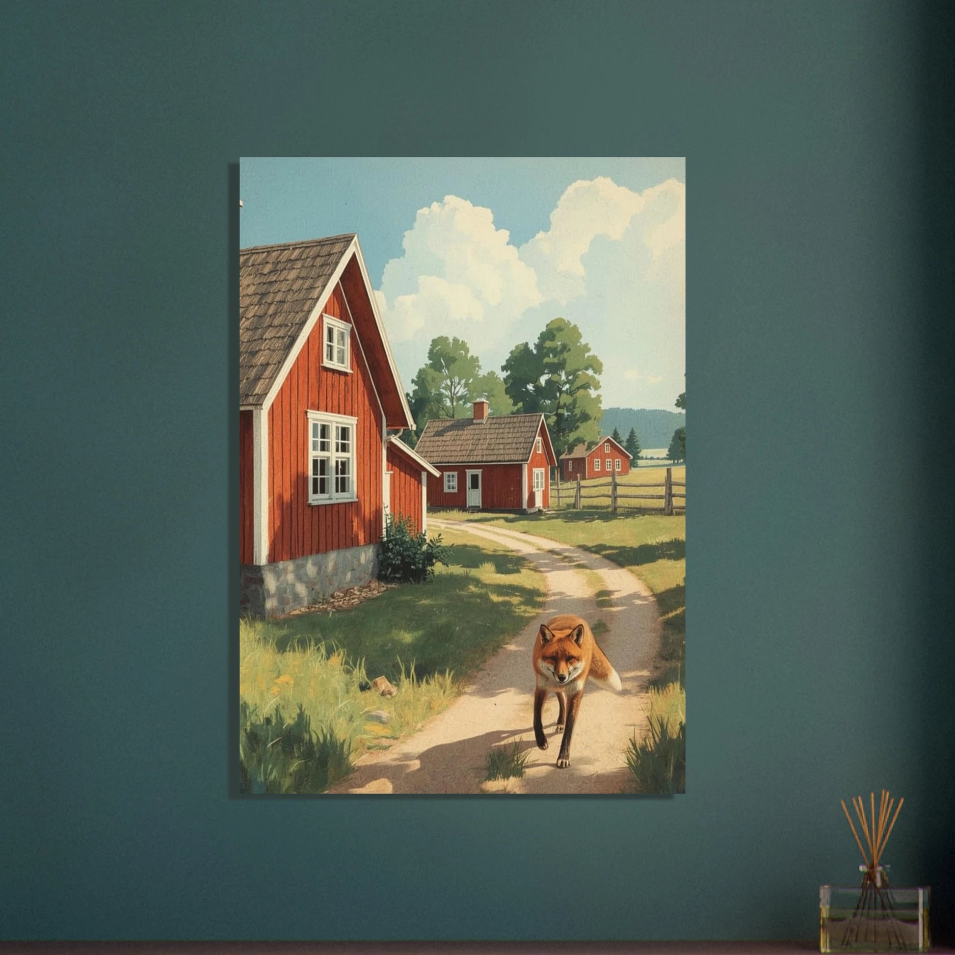 Räv på grusväg i svensk landsbygd med röda stugor