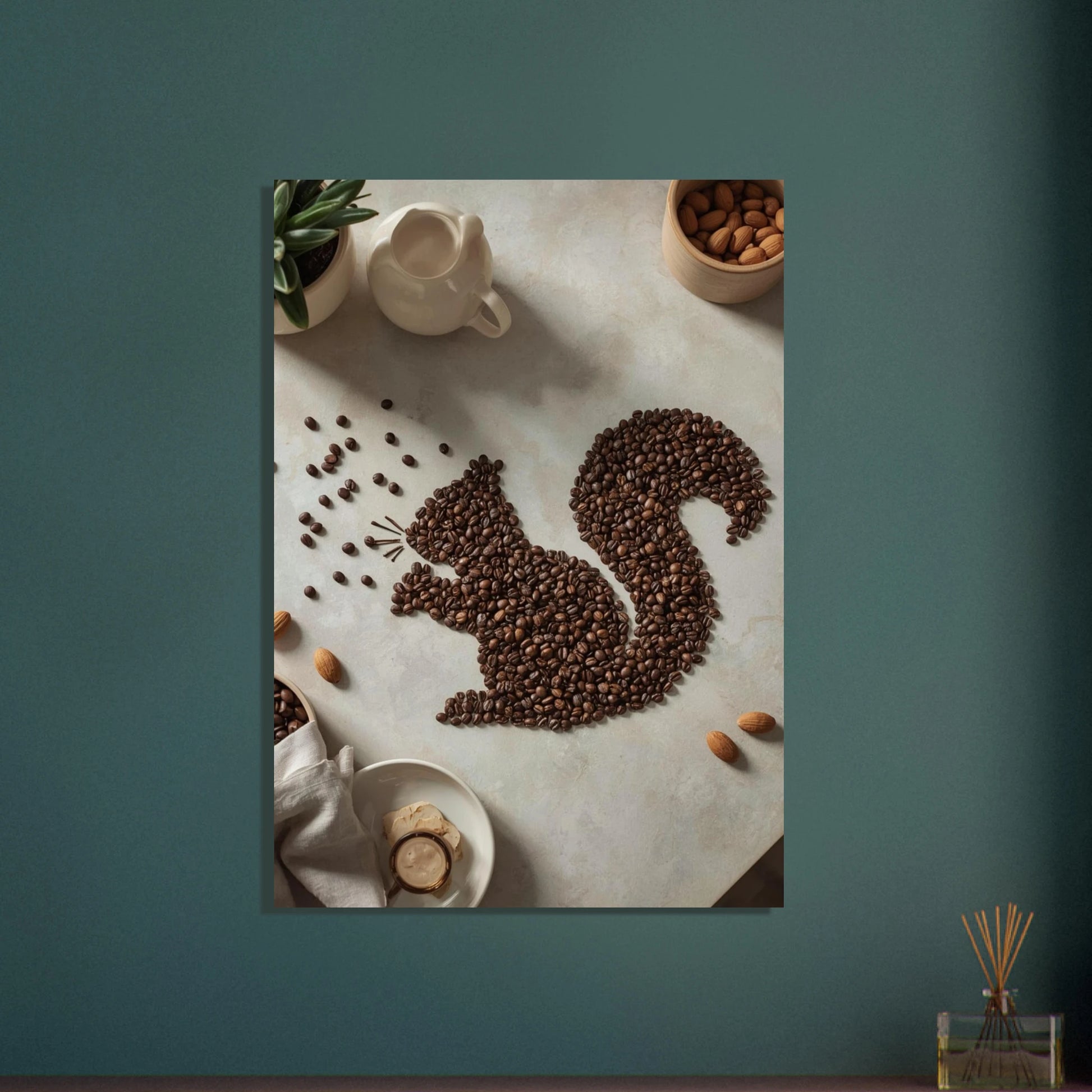 Ekorre formad av kaffebönor på ljust underlag, kreativt djurmotiv