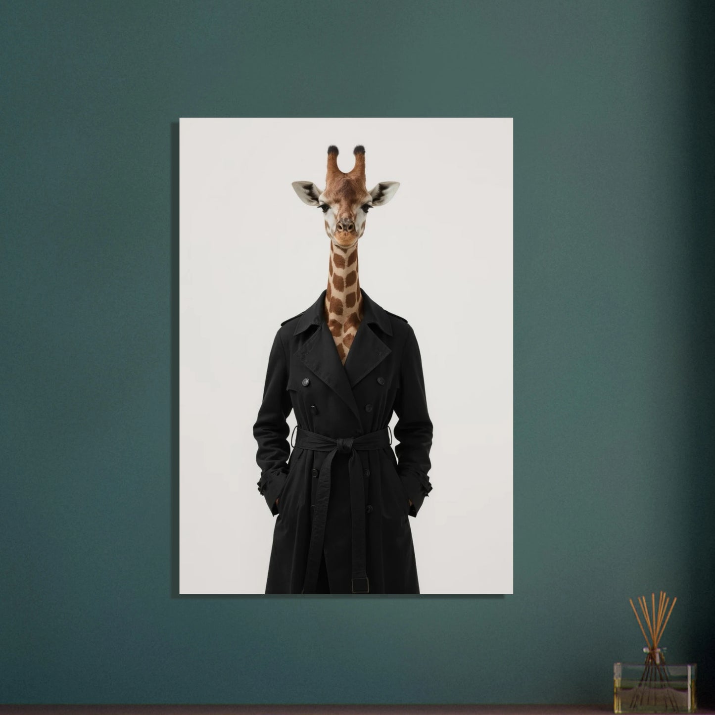 Giraff i svart trenchcoat med händerna i fickorna