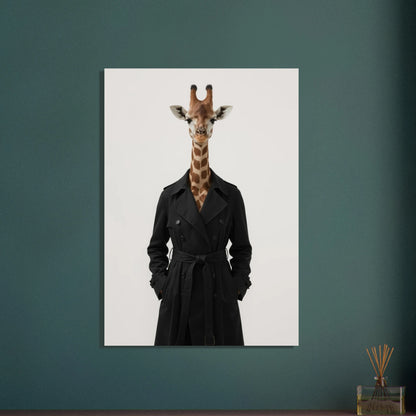 Giraff i svart trenchcoat med händerna i fickorna