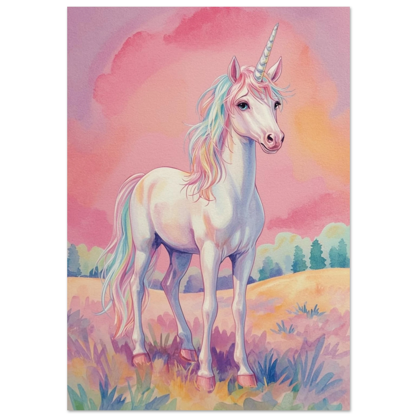 Vit enhörning med regnbågsfärgad man i ett pastellandskap – målad poster