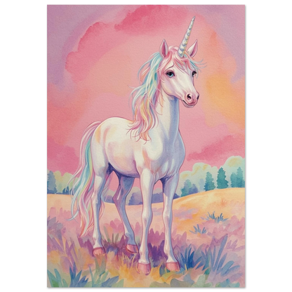 Vit enhörning med regnbågsfärgad man i ett pastellandskap – målad poster