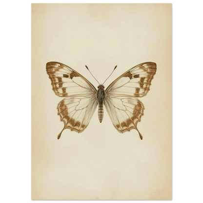 Botanisk fjärilsposter med detaljerade vingmönster i sepia och antikvit stil