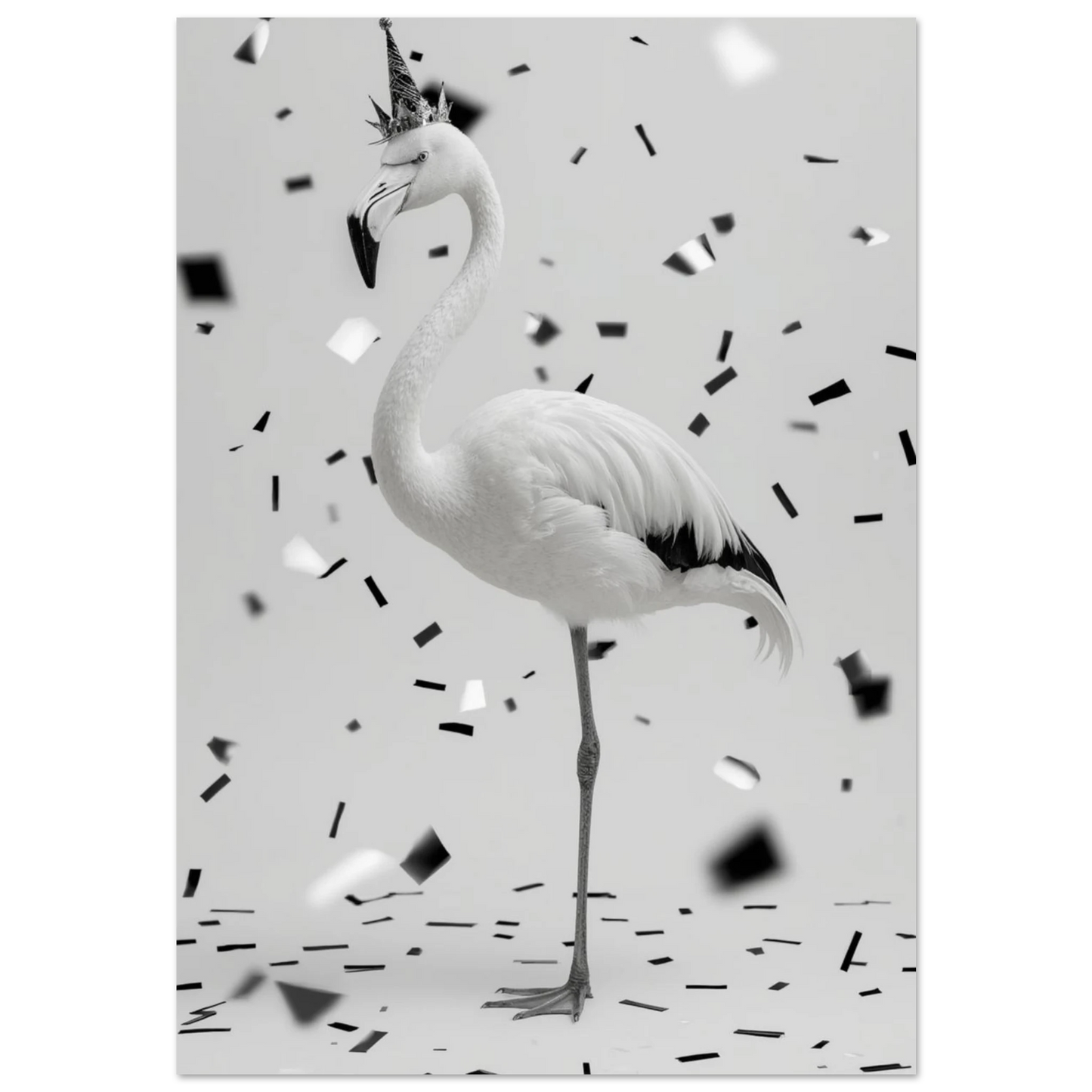 Svartvit flamingo med glittrig partyhatt och krona i ett regn av konfetti