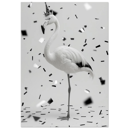 Svartvit flamingo med glittrig partyhatt och krona i ett regn av konfetti