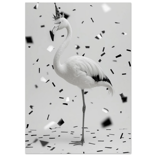 Svartvit flamingo med glittrig partyhatt och krona i ett regn av konfetti