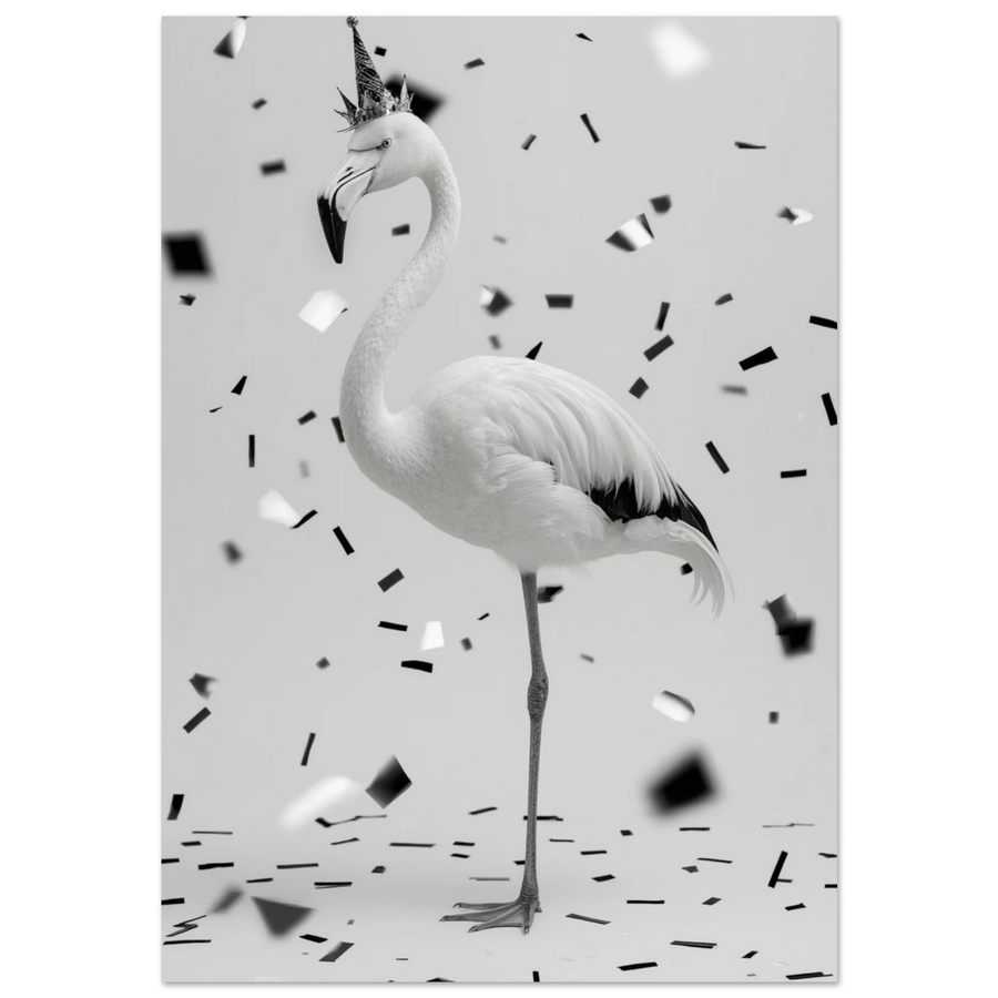 Svartvit flamingo med glittrig partyhatt och krona i ett regn av konfetti