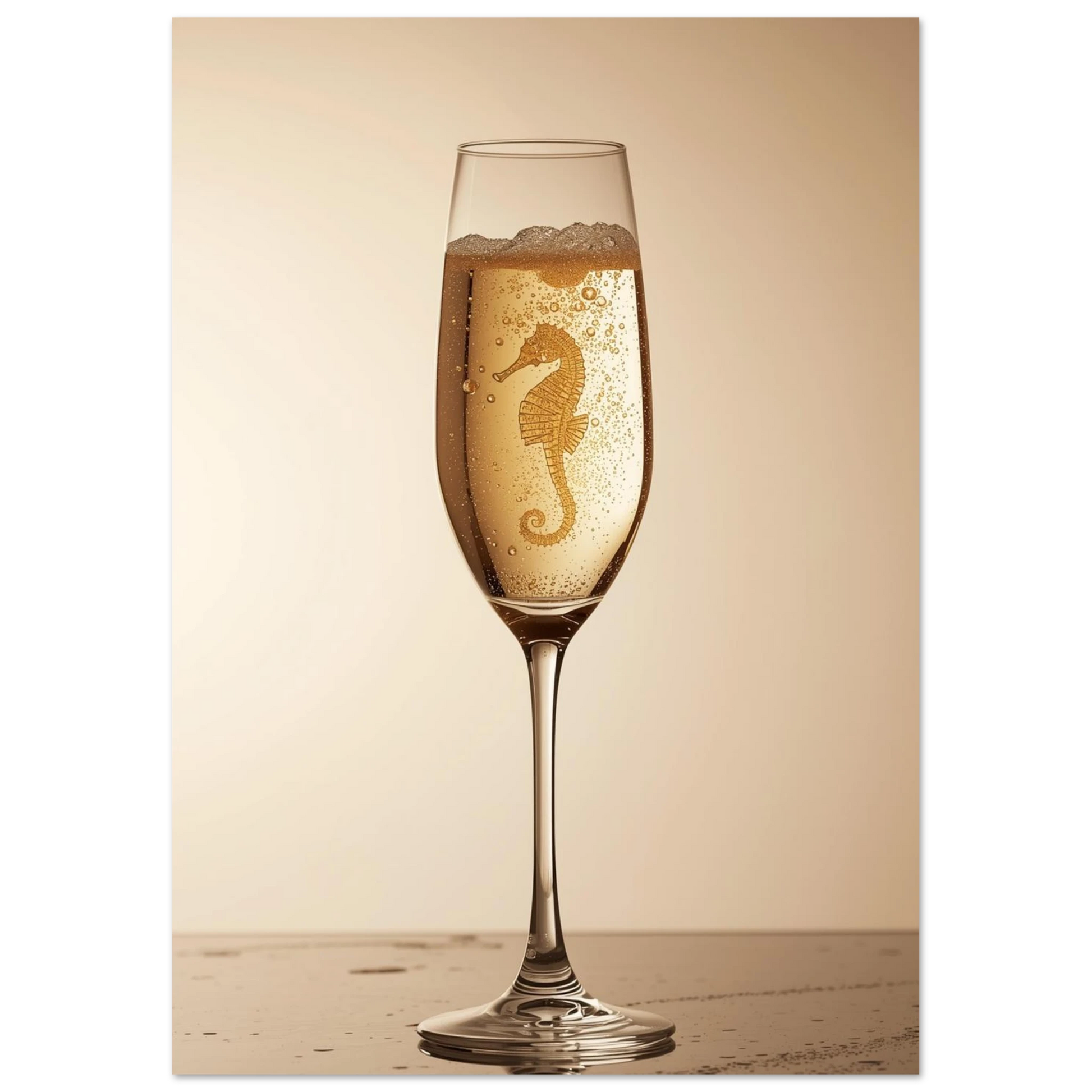 Elegant havsmotiv med sjöhäst och champagne, sofistikerad fotokonst för väggen