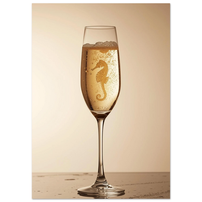 Elegant havsmotiv med sjöhäst och champagne, sofistikerad fotokonst för väggen