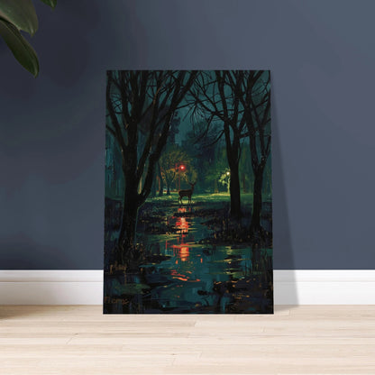 Hjort i mörk stadspark, reflekterande vatten, nattlig stämning
