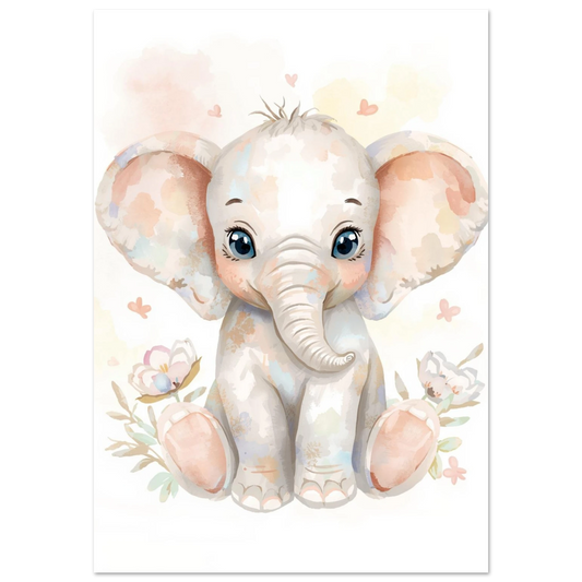 Söt sittande elefantunge med stora öron och blommor – målad poster