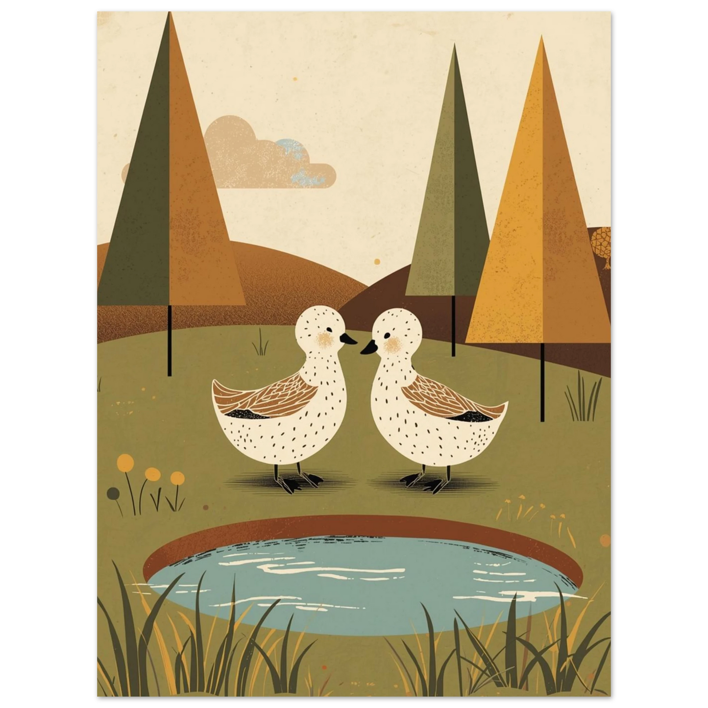 Vattenfåglar vid en liten sjö, minimalistisk poster i varma jordfärger