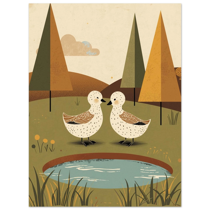 Vattenfåglar vid en liten sjö, minimalistisk poster i varma jordfärger