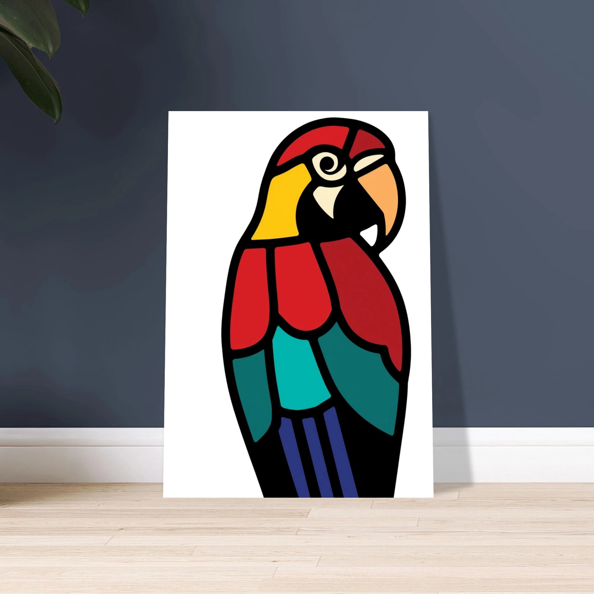 Stiliserad papegoja i klara färger, konstnärlig design, målat glas-stil
