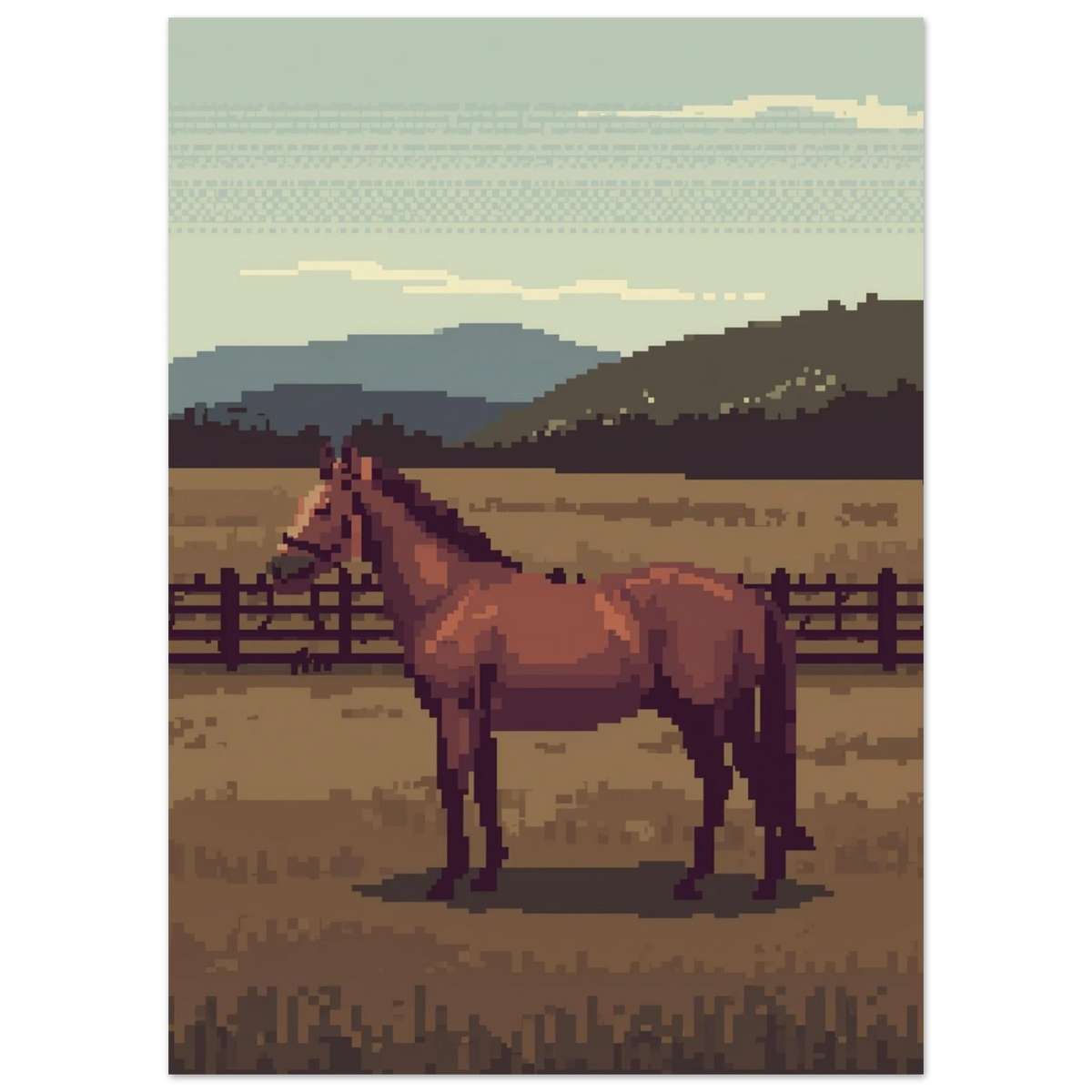Digital illustration av häst vid stängsel i retro pixelstil